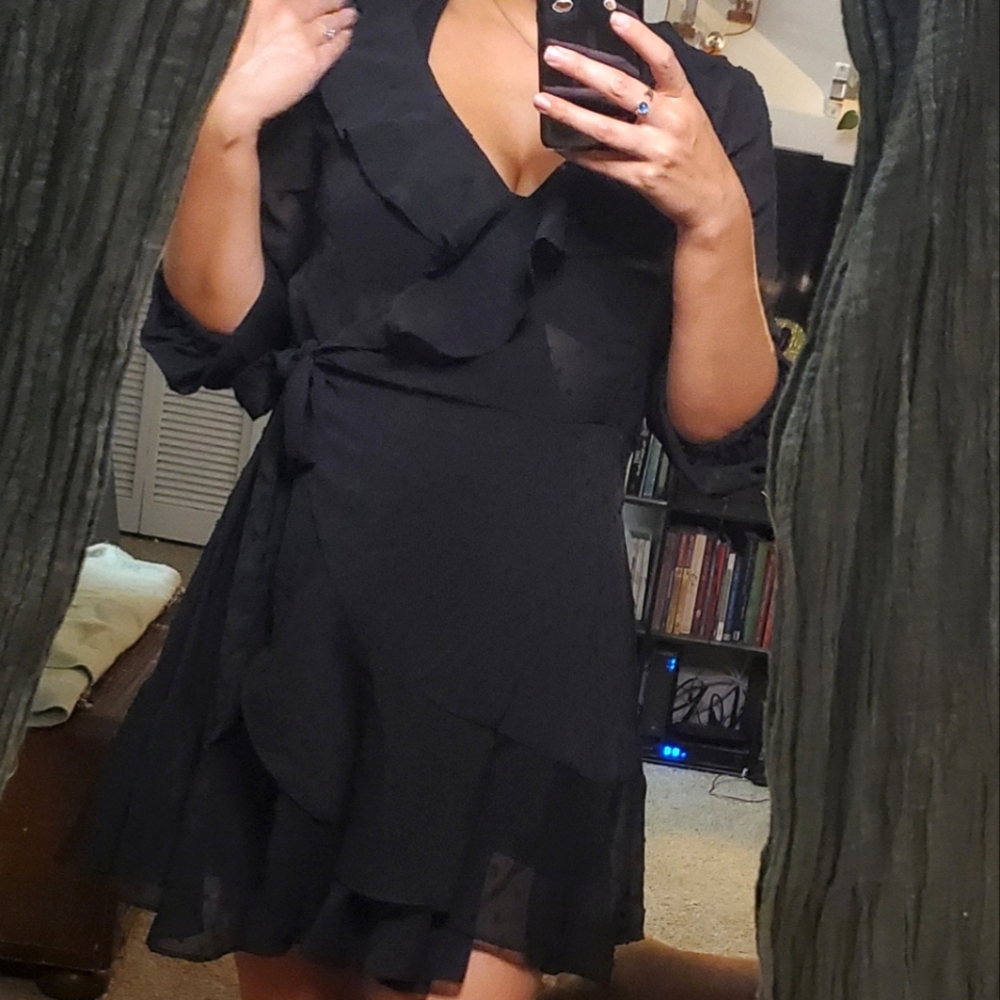 Shear black wrap dress
